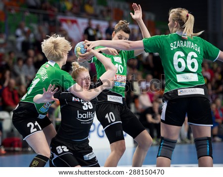 Lubin, Poland. 17th May, 2015. Match for 3rd place of PGNiG Polish Cup Women in handball. Match between MKS Selgros Lublin - SPR Pogon Baltica Szczecin 24:25. In action Monika Koprowska (33).
