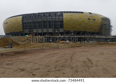 GDANSK, POLAND - MARCH 18: Construction in progress at stadium PGE Arena on March 18, 2011 in Gdansk, Poland. 448 days left before Euro 2012 starts.