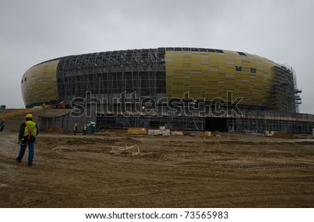 GDANSK, POLAND - MARCH 18: Construction in progress at stadium PGE Arena on March 18, 2011 in Gdansk, Poland. The stadium will be used for Euro 2012.