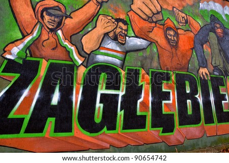 LUBIN, POLAND - DECEMBER 12: graffiti made by Zaglebie Lubin fans at odds with the club on December 12,2011 in Lubin, Poland. Zaglebie Lubin is a soccer club Polish Premier League.