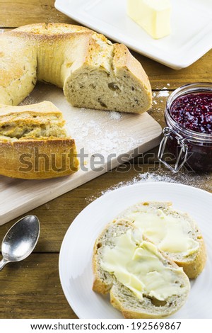 Bread and butter Rustic potato and rosemary bread with raspberry jam