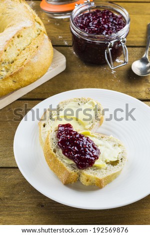 Bread and Jam Rustic potato and rosemary bread with raspberry jam