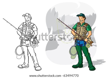Vector illustration Angler - recreational fly fishing Vector illustration of a game angler with fly fishing equipment. Fully editable layers included.