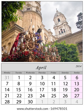 Calendar April 2014. Holy week in Malaga, Spain.