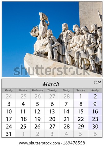 Calendar March 2014. Lisbon, Portugal.