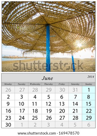 Calendar June 2014. Beach in Malaga, Spain.