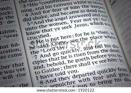 Matthew\'s account in the new testament of the resurrection of Jesus. A beam of light highlights the verses.