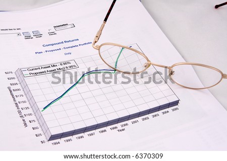 Financial chart showing compound returns on proposed investments. Reading glasses sit on top.