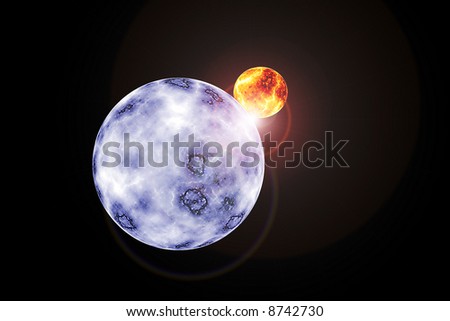 A blue planet orbits a sun in a graphically rendered picture.
