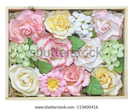 Sweet color flowers from mulberry paper in white wooden box