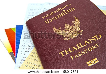 Thailand passport isolated on white background on bank account passbook background
