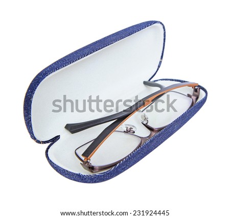 Glasses in blue jeans eyeglass case isolated on white background