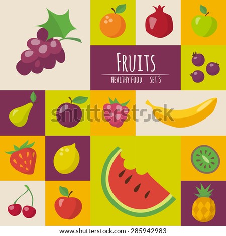 Fruits icons set in flat style.  Food poster. Food infographic. Healthy food