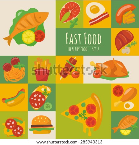Fast food icons set in flat style.  Food poster. Food infographic. Healthy food