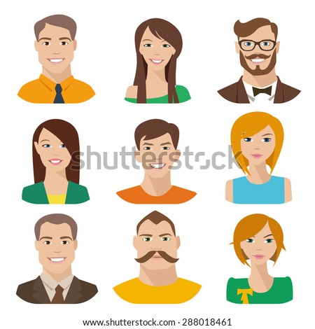 Flat vector characters. Vector avatars with eyes. Smiling happy people. Happy emotions. Vector portraits.