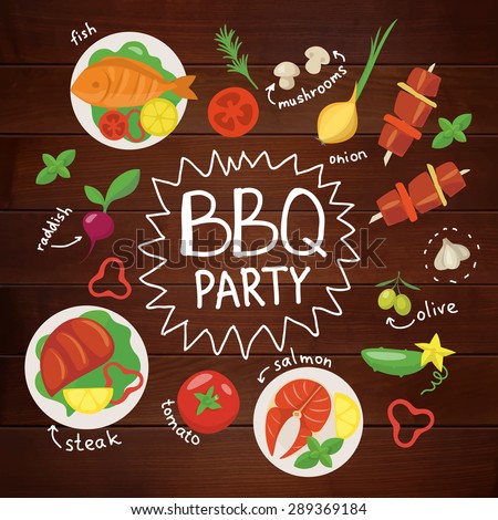 BBQ party poster in flat style. Food poster. Food infographic. Wooden texture food poster with chalk written texts. Hand drawn calligraphy.