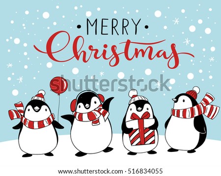 Vector holiday Christmas greeting card with four cartoon penguins and Merry Christmas lettering.