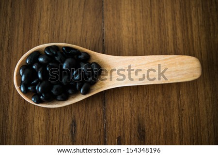 coffee beans in wood spoon on wood backgrounds