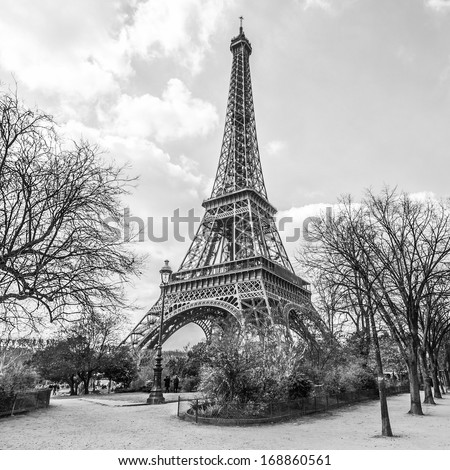 Eiffel tower view from Champ de Mars in Paris France black and white Eiffel tower view from Champ de Mars in Paris France black and white
