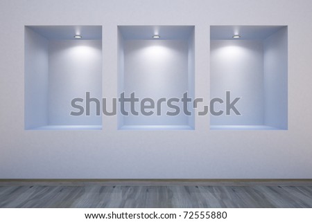 Empty shelves in a wall-honored spotlights