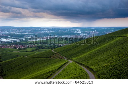 Cloudy stormy sky over vineyard in the fall of Stuttgart, Germany