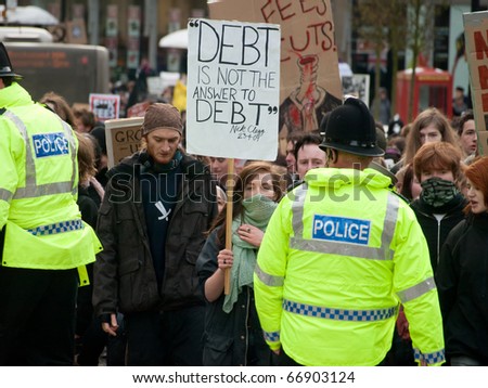 NEWCASTLE, UK - DEC 9: UK university and college students protest against increase in tuition fees and education cuts on the day of vote in the Parliament on December 9, 2010 in Newcastle.