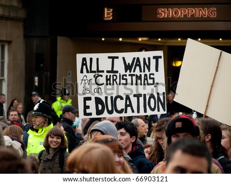 NEWCASTLE, UK - DEC 9: UK university and college students protest against increase in tuition fees and education cuts on the day of vote in the Parliament on December 9, 2010 in Newcastle.