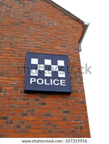 Detail of police station and sign on white background