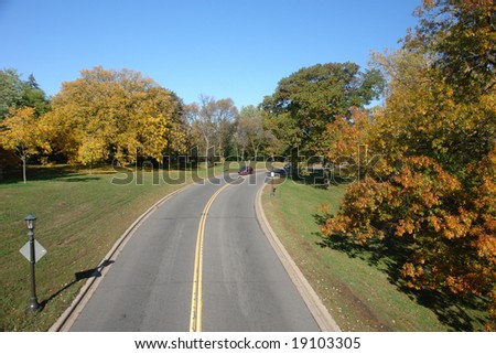 A picture of a street curving through autumn trees