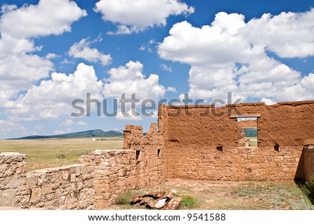 Crumbling old adobe and stone walls of Fort Union, New Mexico outside of Las Vegas, New Mexico