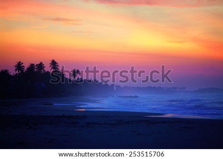 The sun will soon rise above the tropical island still shrouded in twilight. Sea breeze blows blue mist between black silhouettes of palm trees on the beach.