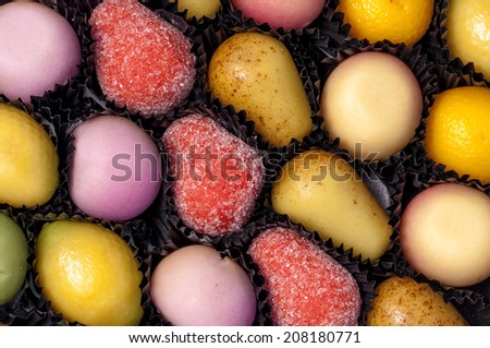 Sugary Marzipan Fruit Candy in Selection Tray with Wrappers