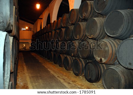 Sherry barrels are being stored in a dark, cold cellar in Jerez de la frontera, Spain.