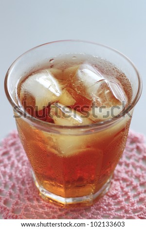 Close up cold glass of iced tea with ice