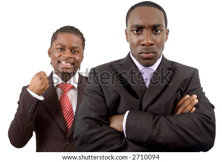 This is an image of two businessmen one is angry and the other is happy. This image can be used to represnt 