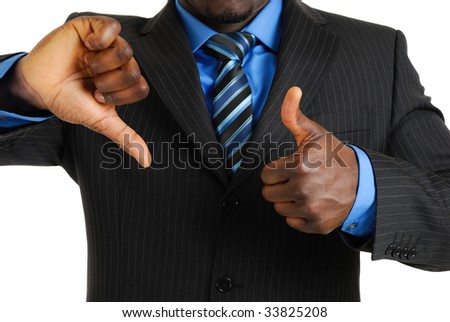 This is an image of a business man showing thumbs up and thumbs down.