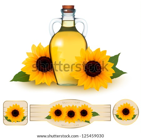 Bottle of sunflower oil with flower and  labels sunflower oil. Vector illustration.