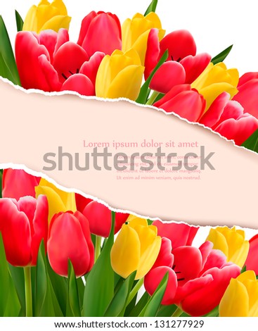Holiday background with colorful flowers and ripped paper. Vector illustration.
