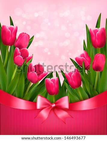 Holiday background with bouquet of pink flowers with bow and ribbon. Raster version