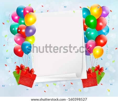 Holiday background with colorful balloons and gift boxes. Raster version.
