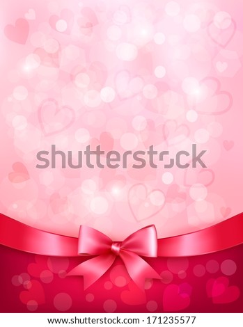 Holiday background with gift pink bow and ribbon. Valentines Day. Vector