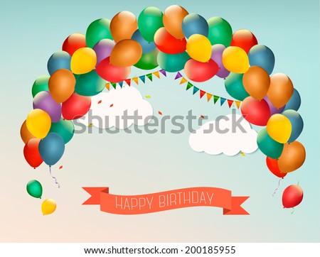 Retro holiday background with colorful balloons and a Happy Birthday ribbon. Vector.