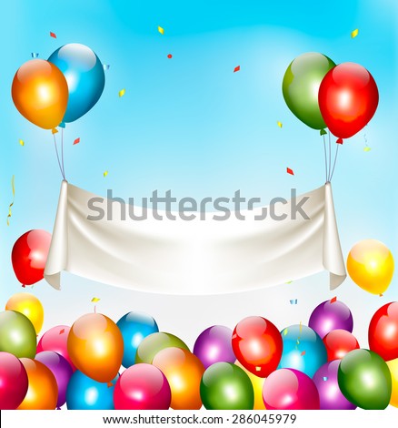 Holiday birthday banner with colorful balloons and confetti. Vector.