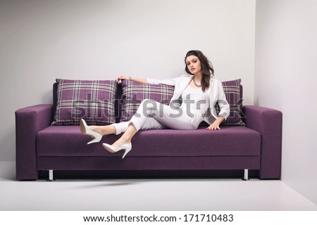 Sofa Woman Relaxing Enjoying Luxury Lifestyle Outdoor Day Dreaming And Thinking Looking Happy Up Smiling Cheerful. Beautiful Young Multicultural Asian Caucasian Female Model In Her 20s.