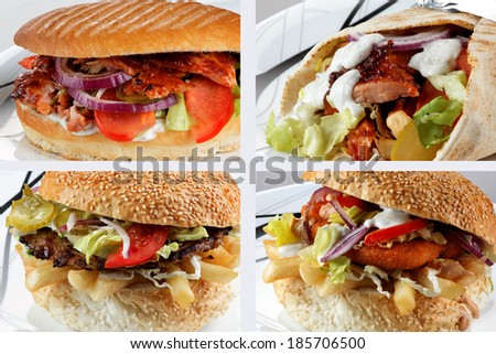 Collage of fast food items, including burgers, chicken, kebabs, doner.