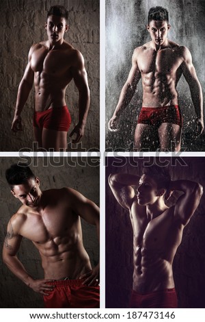 Collage of four square images of young handsome macho man with muscle abdominal