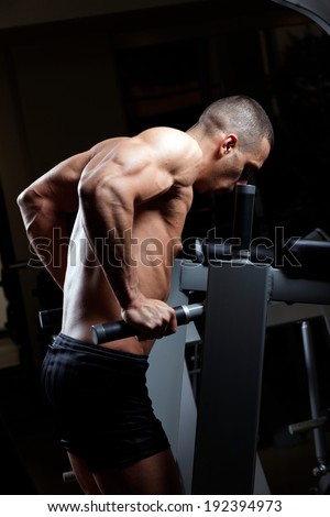 Muscled male model with strong arms.Triceps Workout . Low light.