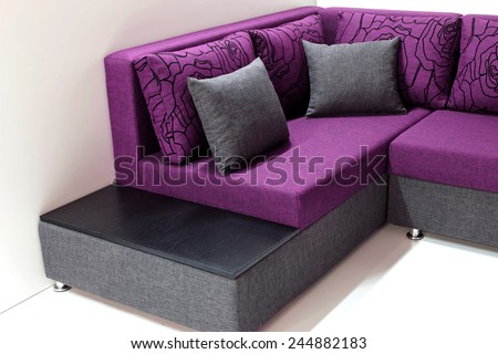 Purple  sofa with pillows, isolated on white. 3d Illustration of a Modern Sofa.