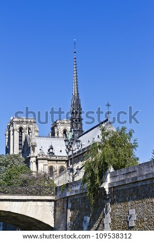 View of Cathedral Notre Dame de Paris from river Seine. Cathedral Notre Dame de Paris Ã¢Â?Â? most famous Gothic, Roman Catholic cathedral (1163-1345) on the eastern half of the Cite Island. France, Europe.