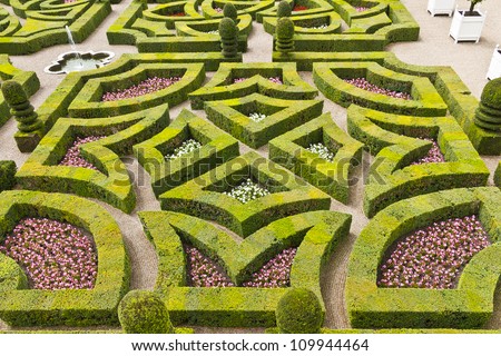 Traditional french garden. Ornamental Garden. Chateau de Villandry is a castle-palace located in Villandry, in department of Indre-et-Loire, France. He is a world known for its amazing gardens.